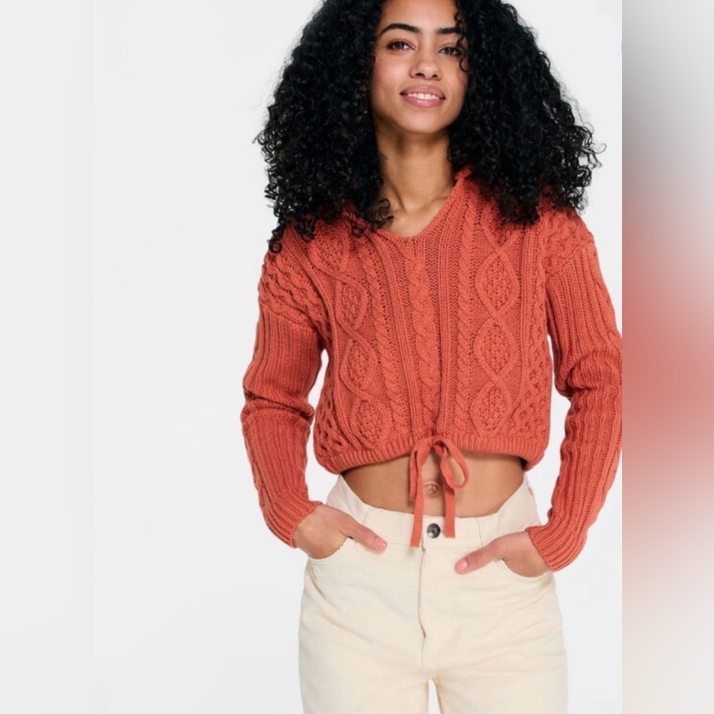 Aeropostale Cropped Cable Knit V-Neck Hooded Sweater With Drawstring Waist
